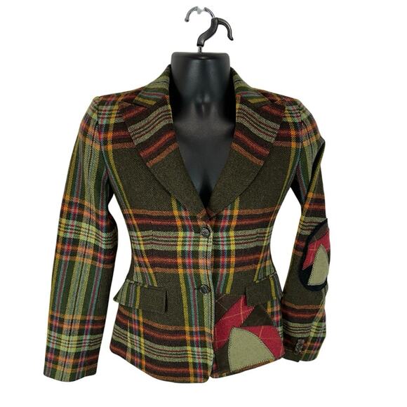 ETRO Multicolor Plaid Wool Blazer Colorblock Patchwork Elbow Patches 40 IT